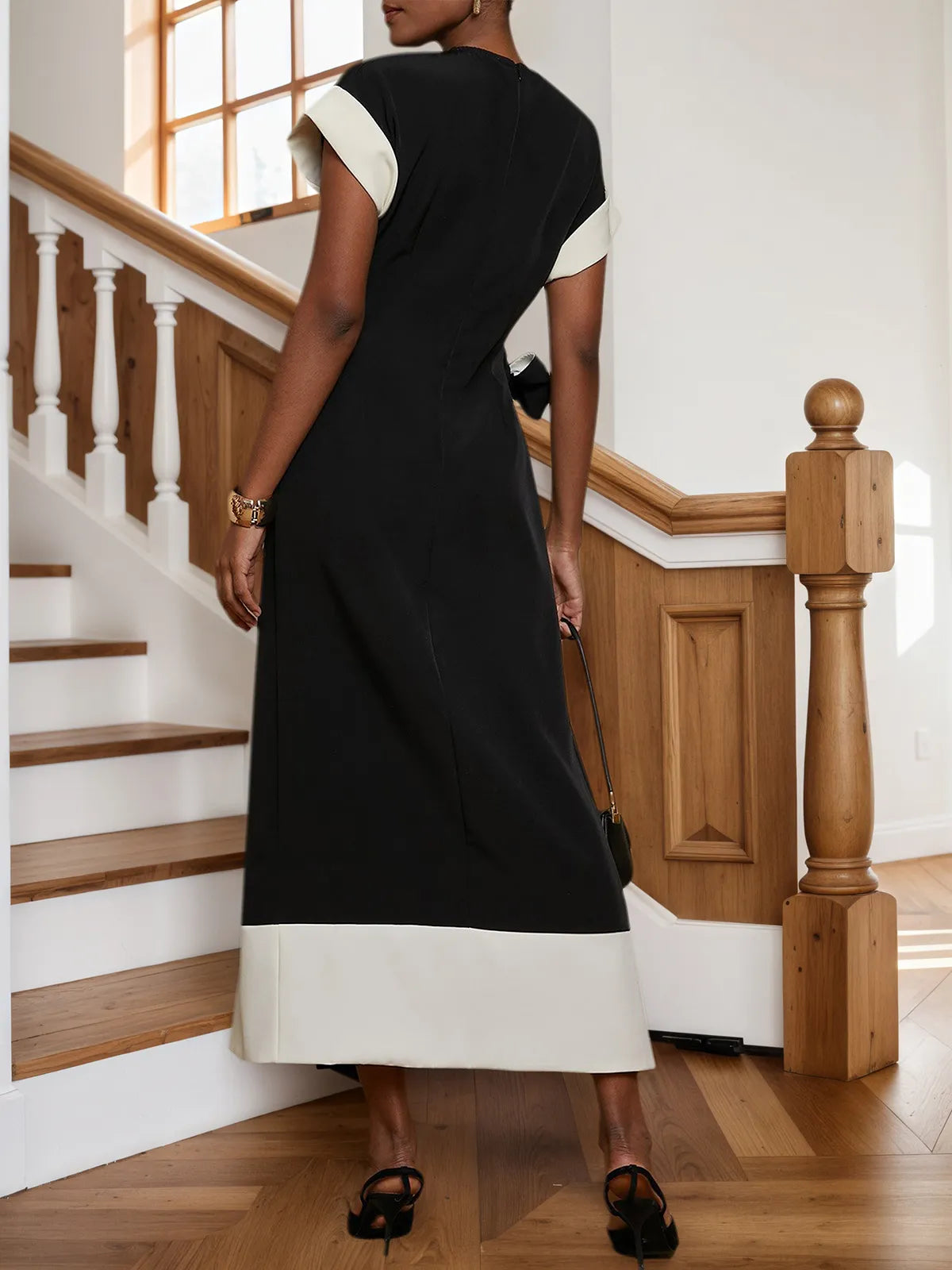 Black Bow Short Sleeve Slit A-Line Midi Dress