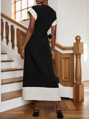 Black Bow Short Sleeve Slit A-Line Midi Dress