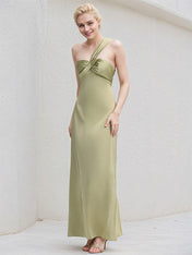 Sage Green Satin Trumpet/Mermaid One Shoulder Sleeveless Floor Length Bridesmaid Dress