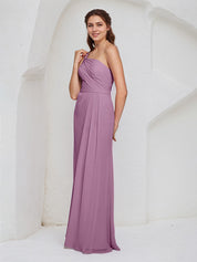 Orchid Chiffon A Line One Shoulder Sleeveless Floor Length Bridesmaid Dress