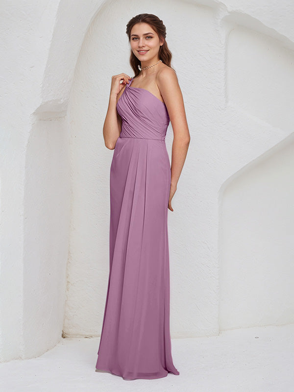 Orchid Chiffon A Line One Shoulder Sleeveless Floor Length Bridesmaid Dress