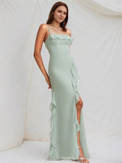 Agave Chiffon A Line Spaghetti Straps Sleeveless Floor Length Bridesmaid Dress With Ruffle