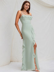 Agave Chiffon A Line Spaghetti Straps Sleeveless Floor Length Bridesmaid Dress With Ruffle