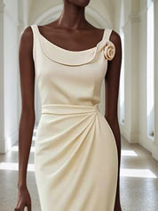 White 3D Floral Ruched Classic Crew Neck Sleeveless Sheath Midi Dress