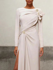 Apricot Ruched Long Sleeve Slit Shift Maxi Dress