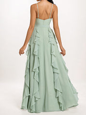 Dusty Sage A-Line V-Neck Ruffles Floor-Length Chiffon Bridesmaid Dress