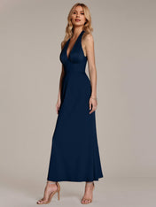 Navy Sheath/Column Satin Halter Neck Sleeveless Ankle Length Dress