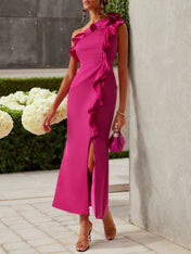 Rose Red Ruffled One-Shoulder Slit A-Line Maxi Dress