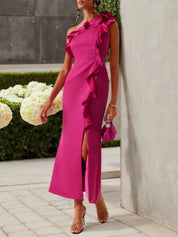 Rose Red Ruffled One-Shoulder Slit A-Line Maxi Dress