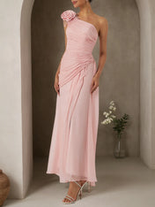 Pink 3D Floral Chiffon One Shoulder Sleeveless Sheath Gown Dress
