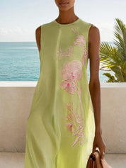 Yellow Embroidery Classic Crew Neck Sleeveless A-Line Maxi Dress