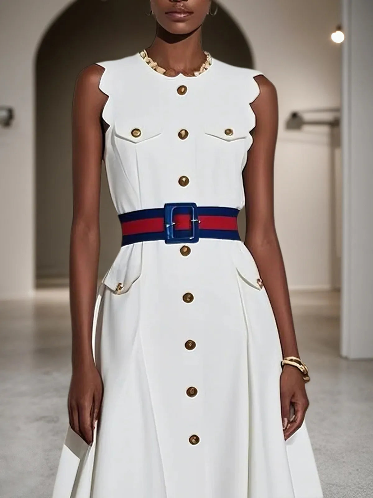 White Buckle Classic Crew Neck Sleeveless A-Line Midi Dress
