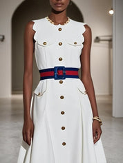 White Buckle Classic Crew Neck Sleeveless A-Line Midi Dress