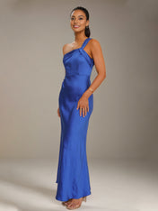Cobalt Blue Satin Sheath/Column One shoulder Ankle Length Bridesmaid Dresses