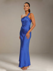 Cobalt Blue Satin Sheath/Column One shoulder Ankle Length Bridesmaid Dresses