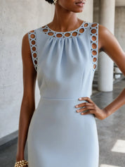 Light Blue Lace Classic Crew Neck Sleeveless Sheath Midi Dress