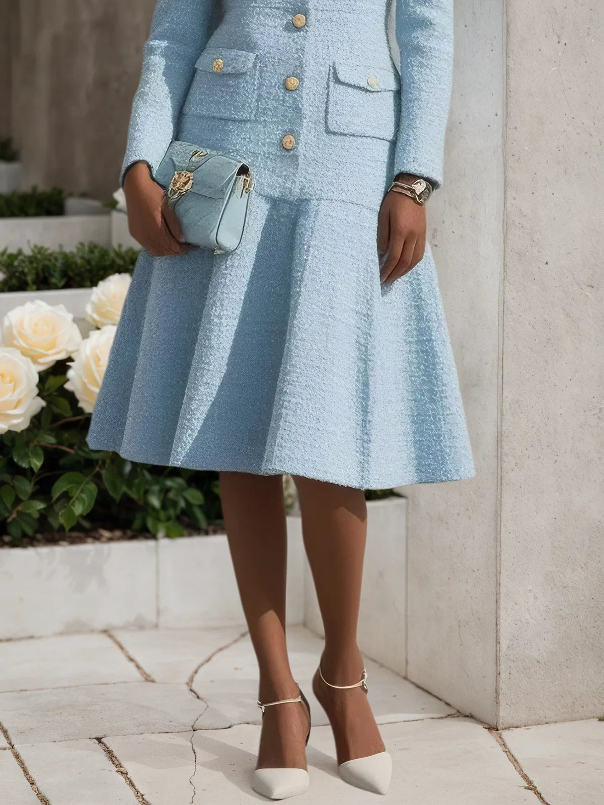 Light Blue Lapel Collar Pocket A-Line Midi Tweed Blazer Dress