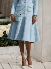 Light Blue Lapel Collar Pocket A-Line Midi Tweed Blazer Dress