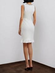 White Lace Classic Crew Neck Sleeveless Balloon Sleeve Sheath Midi Dress