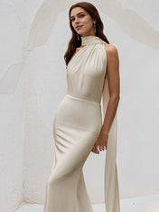 Ivory Satin Trumpet/Mermaid Halter Neck Floor Length Bridesmaid Dress