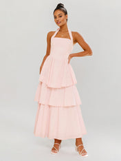 Pink Chiffon A Line Halter Neck Sleeveless Ankle Length Bridesmaid Dresses