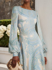 Light Blue Paisley Chiffon Crew Neck Long Sleeve Balloon Sleeve A-Line Maxi Dress