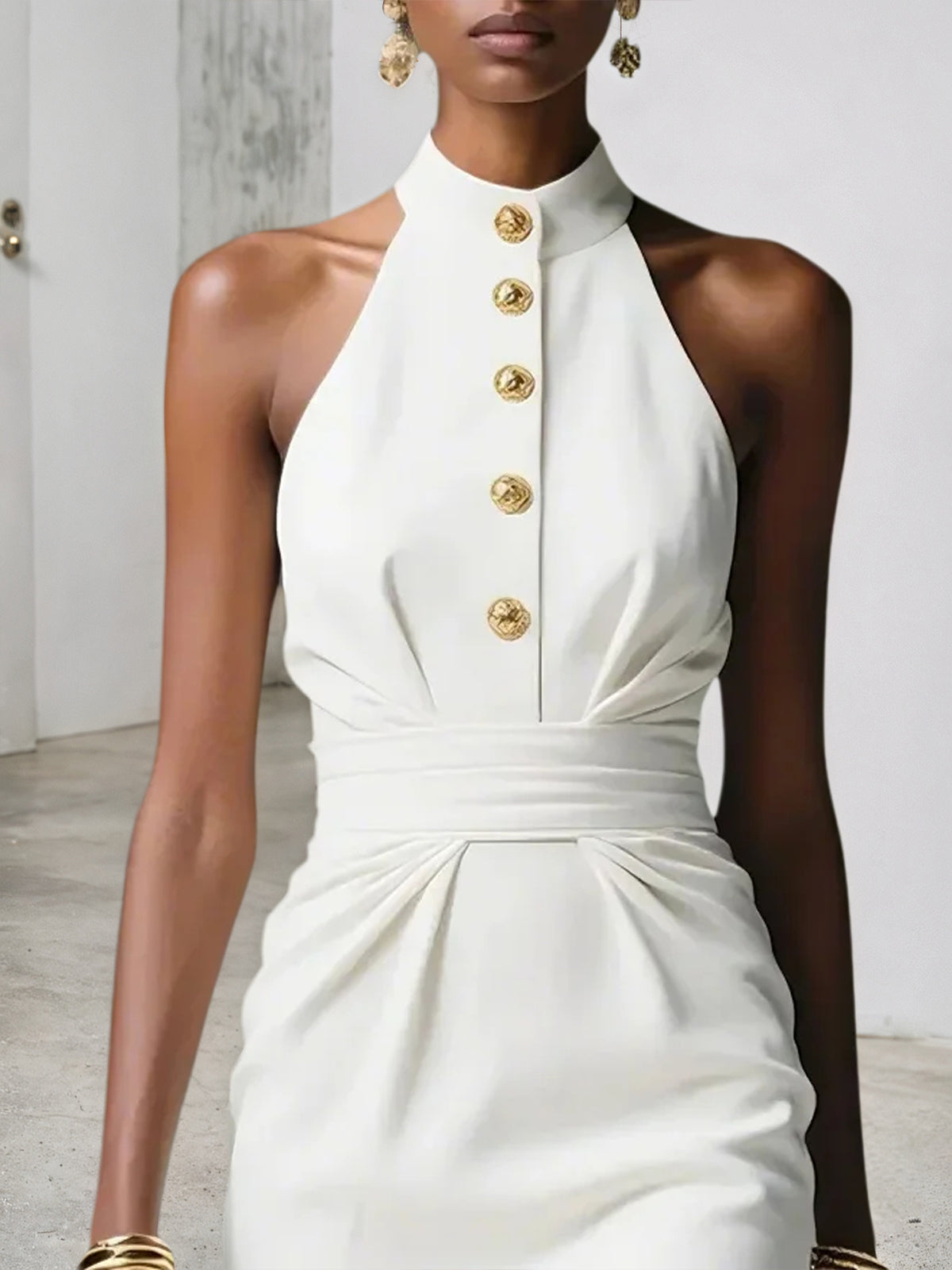 White Buckle Ruched Classic Halter Sleeveless Sheath Midi Dress