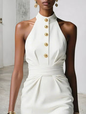 White Buckle Ruched Classic Halter Sleeveless Sheath Midi Dress
