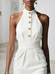 White Buckle Ruched Classic Halter Sleeveless Sheath Midi Dress