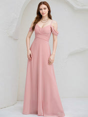Blush Chiffon A Line Spaghetti Straps Cold Shoulder Floor Length Bridesmaid Dress