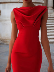 Red Cowl Neck Sleeveless Sheath Midi Dress