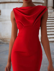 Red Cowl Neck Sleeveless Sheath Midi Dress