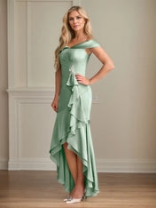 Sheath/Column Satin Off The Shoulder Sleeveless Asymmetrical Dress