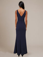 Dark Navy Sheath/Column Stretch Crepe V Neck Sleeveless Floor Length Dresses