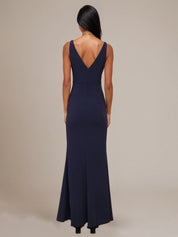Dark Navy Sheath/Column Stretch Crepe V Neck Sleeveless Floor Length Dresses