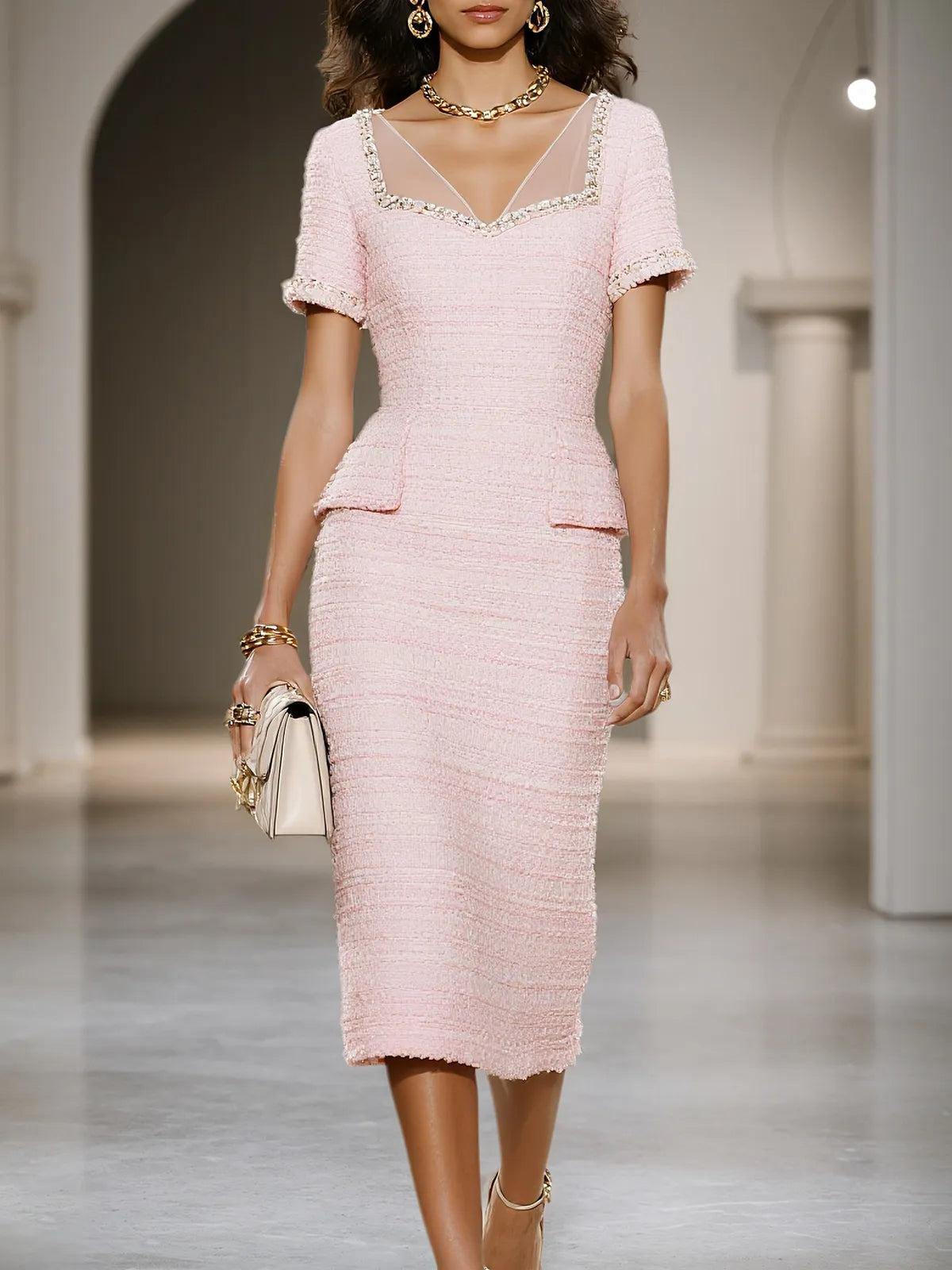Pink Tweed V Neck Short Sleeve Sheath Midi Dress