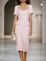 Pink Tweed V Neck Short Sleeve Sheath Midi Dress