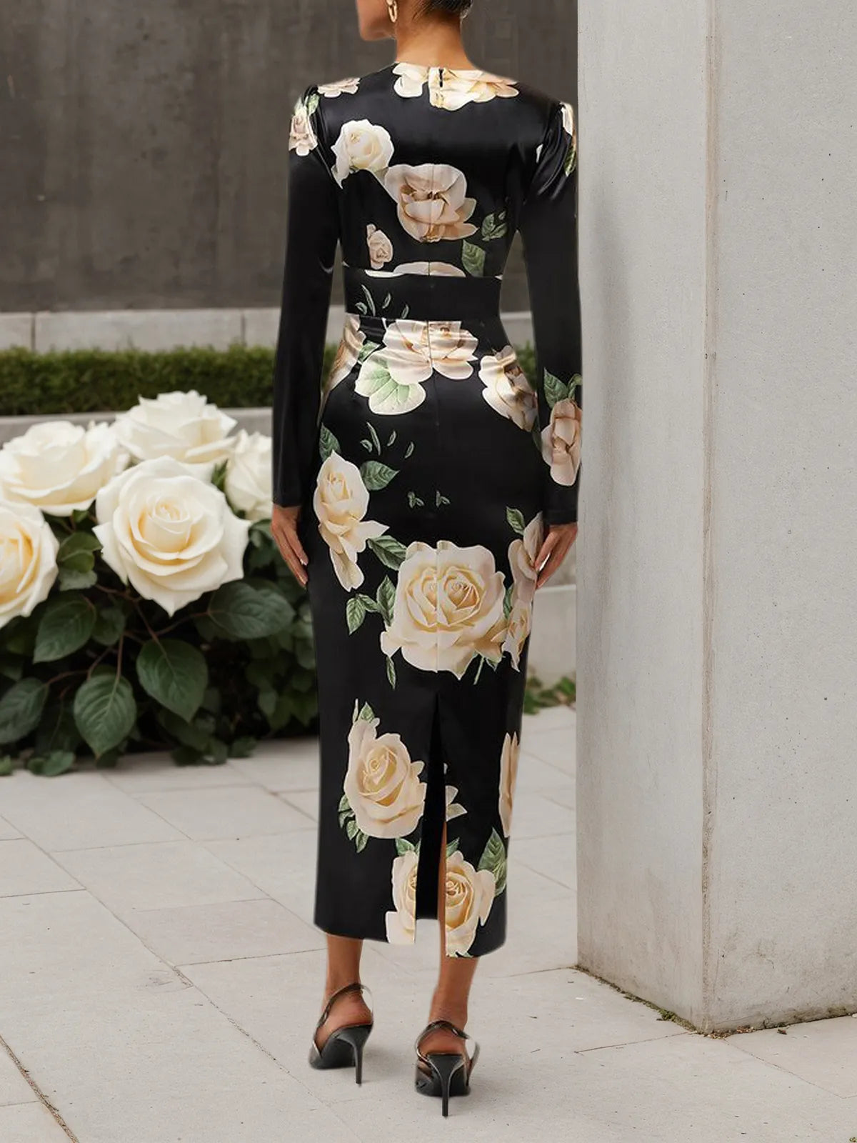 Black Floral V Neck Long Sleeve Sheath Midi Satin Dress