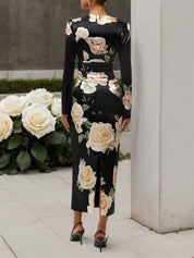 Black Floral V Neck Long Sleeve Sheath Midi Satin Dress