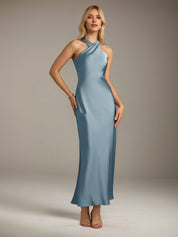 Powder Blue Satin Sheath/Column Halter Neck Sleeveless Ankle Length Bridesmaid Dress