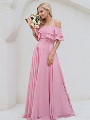 Peony Chiffon A Line Off The Shoulder Sleeveless Floor Length Bridesmaid Dress
