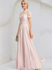 Blushing Pink A-Line High Neck Floor-Length Lace Chiffon Bridesmaid Dresses