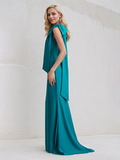 Aqua Blue Chiffon One Shoulder Sleeveless Floor Length Dress With Bow
