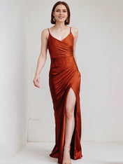 Rust Sheath/Column Satin Spaghetti Straps Sleeveless Floor Length Dress