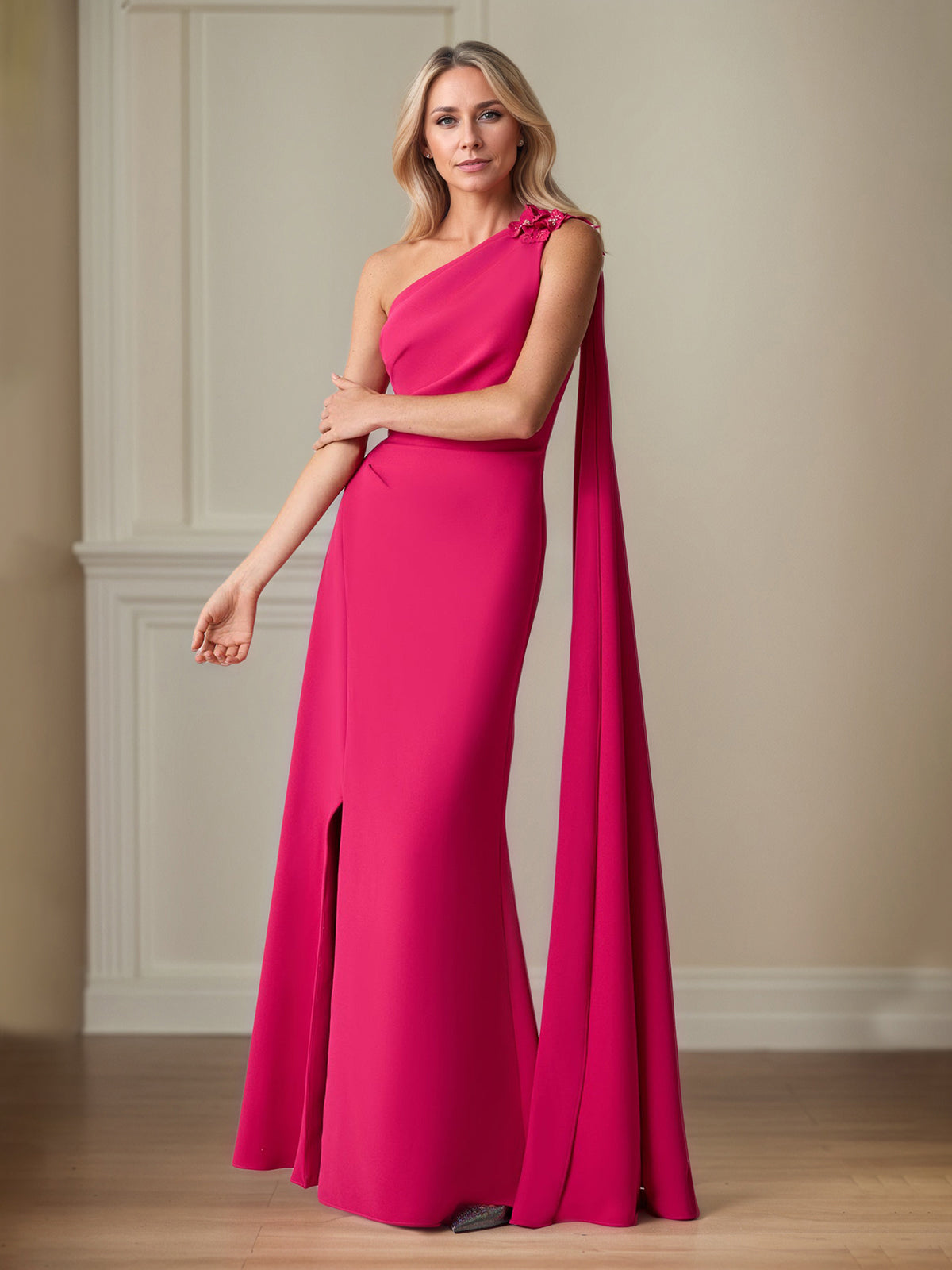 Lipstick Stretch Crepe Sheath/Column One Shoulder Floor Length Mother of the Bride Dresses