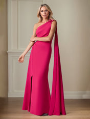 Lipstick Stretch Crepe Sheath/Column One Shoulder Floor Length Mother of the Bride Dresses