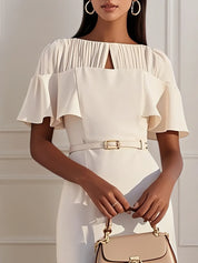 Off White Ruched Classic Crew Neck Sheath Midi Dress