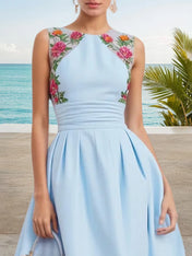 Light Blue Lace Ruched Classic Crew Neck Sleeveless A-Line Midi Dress