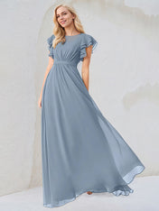 Dusty Blue A-Line Round Neck Floor-Length Chiffon Bridesmaid Dress With Ruffles