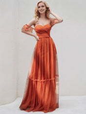 Burnt Orange Tulle A Line Sweetheart Short Sleeves Floor Length Bridesmaid Dress